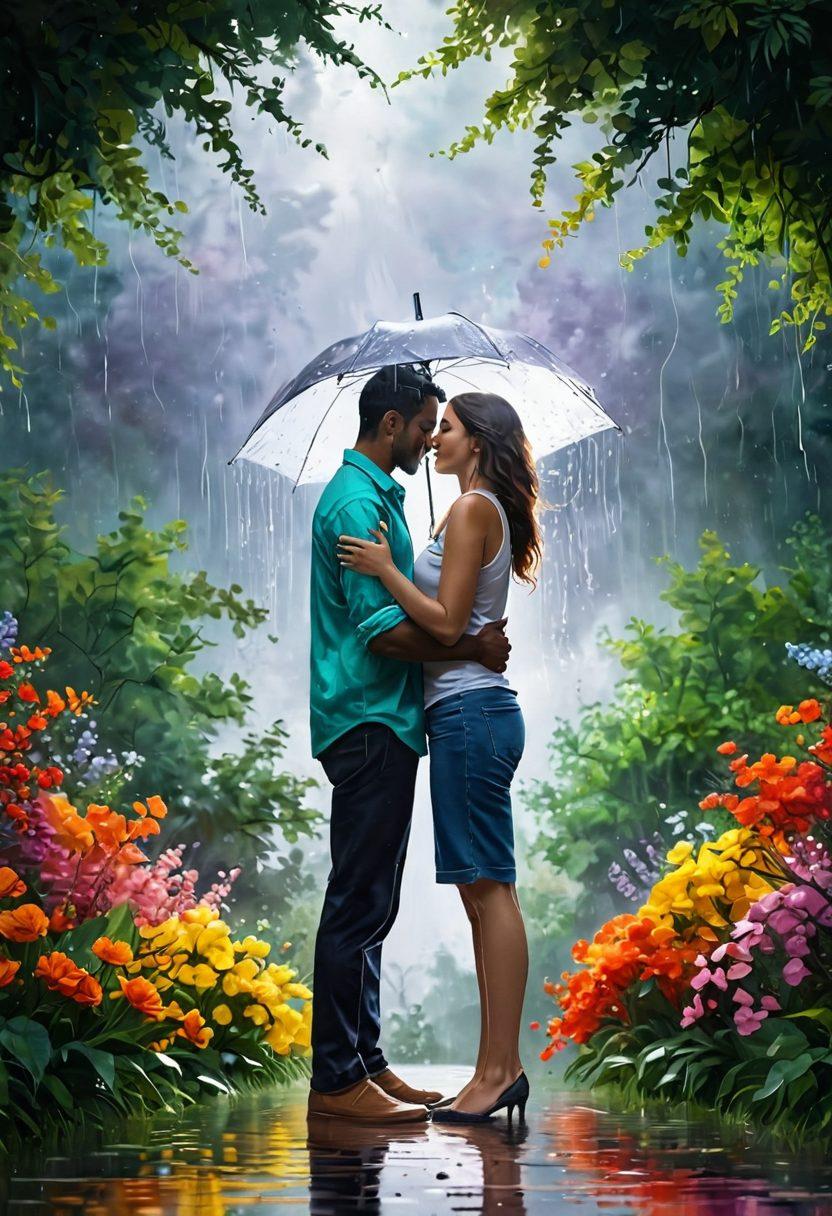 A lively illustration depicting two people engaged in a warm embrace under a vibrant, oversized rain cloud, symbolizing emotional richness and passionate connections. Surround them with lush greenery and colorful flowers to accentuate the concept of growth in relationships, while subtle droplets of water cascade around, creating a moist atmosphere. The mood should feel warm and inviting, inviting a sense of intimacy and connection. vivid colors. impressionist style.