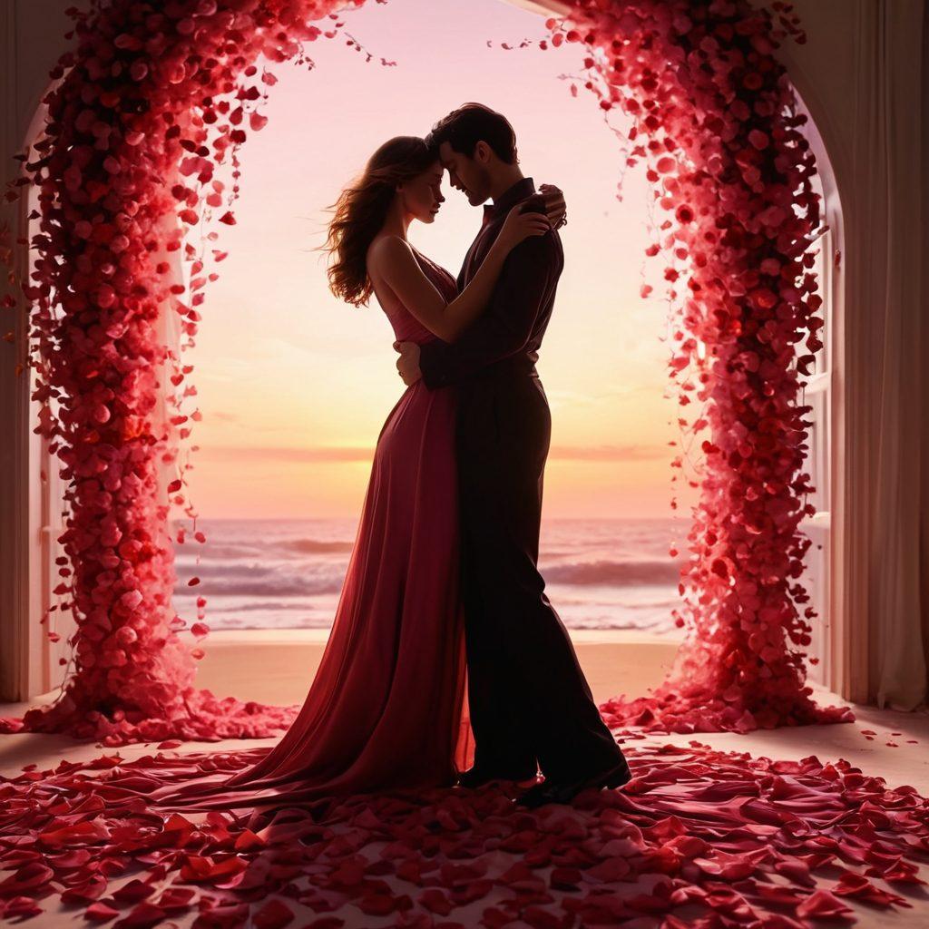 An intimate scene depicting two silhouetted figures entwined in a passionate embrace, surrounded by soft, warm light and flowing fabrics that symbolize sensuality. Include delicate rose petals scattered around, and gentle waves in the background to represent emotional depth. Infuse the atmosphere with a sense of warmth and intimacy, highlighted in deep reds and soft pinks. super-realistic. vibrant colors. romantic ambiance.
