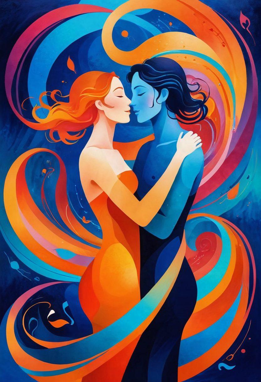 A vibrant illustration of two intertwined figures in a playful embrace, surrounded by swirling, colorful abstract shapes symbolizing emotional intensity. The background features a subtle gradient that transitions from deep blues to warm oranges, representing the journey from clinginess to joy. Include whimsical elements like musical notes and blooming flowers to emphasize the crescendo of pleasure in relationships. surrealistic. vibrant colors. dynamic composition.
